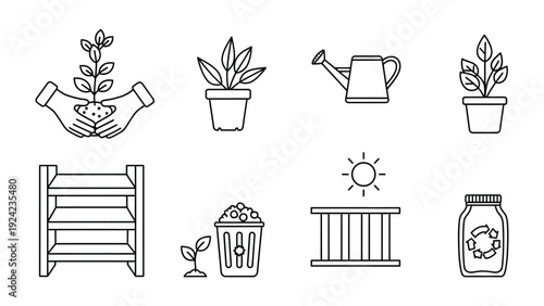 Gardening Icons: Collection of line art icons related to gardening, showcasing various elements used in the process of growing plants.