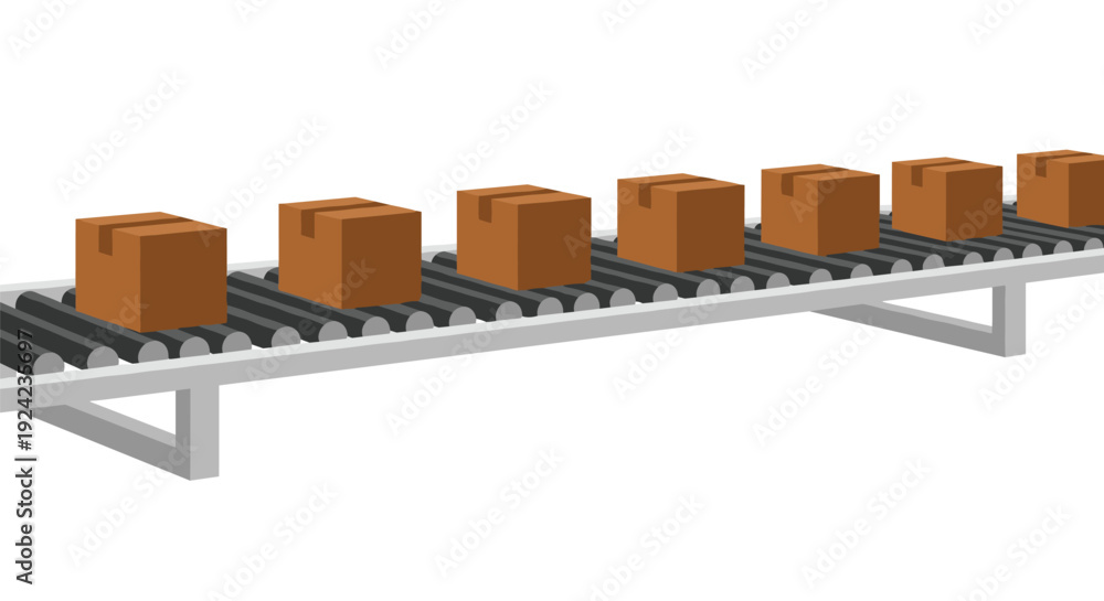 Obraz premium Six brown cardboard boxes move along a grey roller conveyor belt.