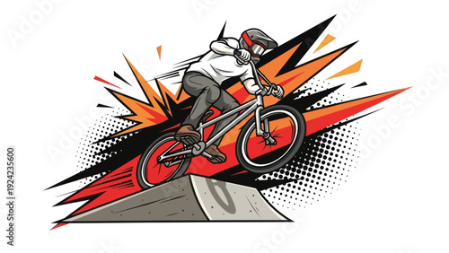 Bmx rider performing stunt illustration against explosion graphic background