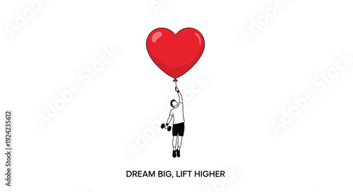 Inspirational vector illustration of a person lifting a heart-shaped balloon, DREAM BIG, LIFT HIGHER