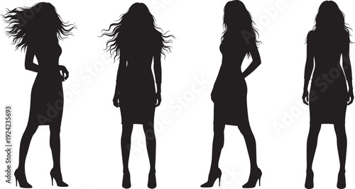 "Fashion silhouette illustration of women in dresses and high heels, showcasing elegant poses and hairstyles, ideal for design, modeling, and style projects"