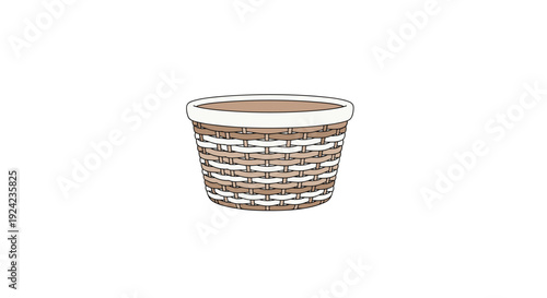 A single empty woven wicker basket with a white top rim and tan weaving patterns is centered on a white background.