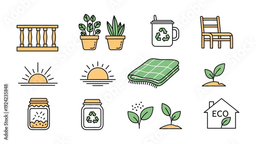 Eco-Friendly Icon Set: A vibrant collection of eco-friendly illustrations that capture the essence of sustainable living, encompassing concepts of recycling, nature, and environmental consciousness.
