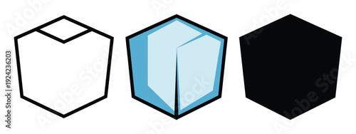 Set of ice cube vector icons in three styles, including simple outline, translucent blue with highlights, and solid black silhouette, representing cold drinks, beverages, refrigeration, and profession