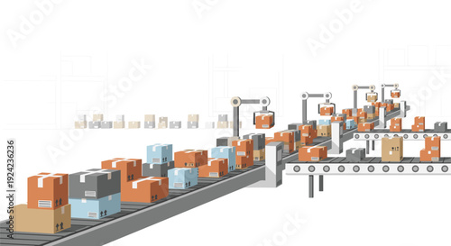 Automated factory with multiple conveyor belts, boxes, and robotic arms.