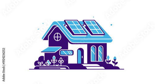 Eco-friendly house with solar panels on roof, sustainable energy concept