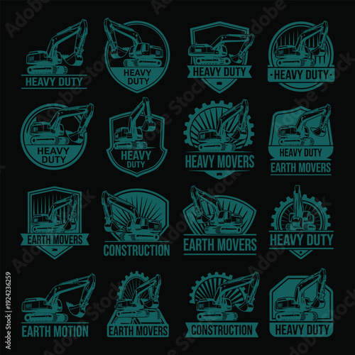 Industrial Emblem Set with Earth Movers and Heavy Duty Equipment Icons on Dark Background