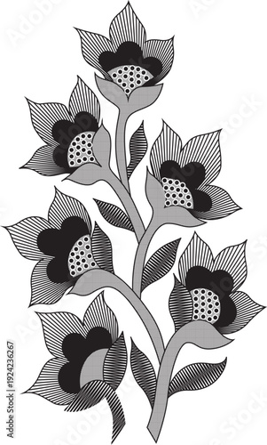 Stylized Floral Branch Vector Illustration, Black and White Folk Art Design