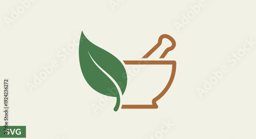 Mortar and Pestle with Leaf Icon - Herbal Medicine Concept