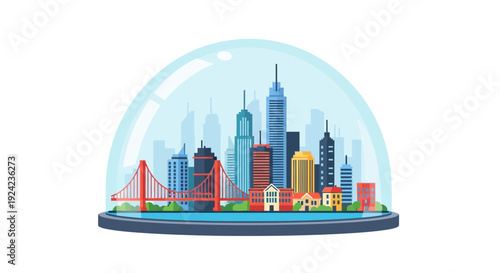 Cityscape under glass dome, illustration, cityscape, bridge, modern buildings
