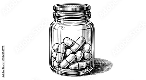 Glass jar filled with medicine capsules hand drawn engraving sketch for pharmacy and healthcare advertising