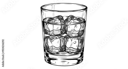 Glass of beverage with ice cubes illustration on white background for food and drink design projects and art