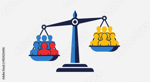 Diverse group of people on a balanced scale, concept of equality