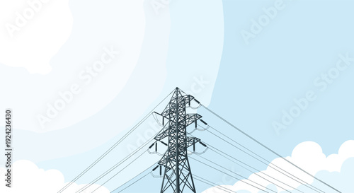 A towering grey electricity pylon stands against a pale blue sky with stylized clouds.