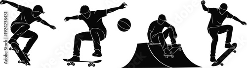 Skateboarder silhouette set, cad drawing flat vector illustration, skating tricks on ramp, extreme sports activity, urban skater boy, active lifestyle.