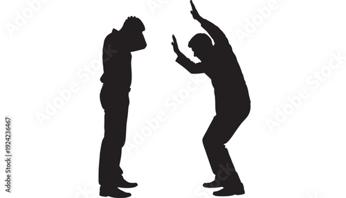Men silhouetted figures arguing with raised hands against white background featuring silhouettes, conflict, disagreement with gesture and angry elements for frustrated, discussion projects, clean