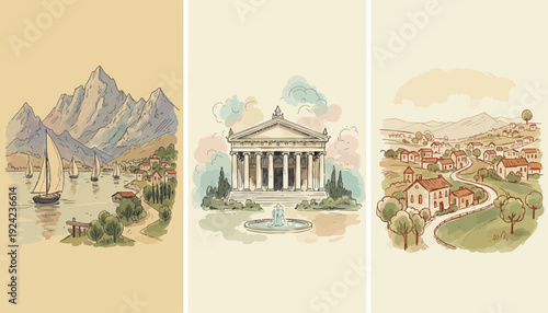 Vintage style travel destinations with historical landmarks and scenic landscapes.