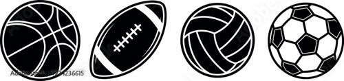 Sport Ball Icon Set Featuring Basketball, American Football, Volleyball, and Soccer Ball Symbols for Fitness, Recreation, Team Sports, and Athletic Design Projects