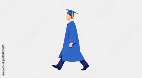 Graduation Student Walking in Blue Cap and Gown