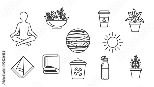 Harmony of Icons: a collection of elegant icons, each representing elements of a balanced lifestyle, illustrating concepts of mindfulness, healthy living and eco-consciousness.