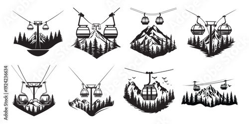 Black silhouette ski lift icons set, cable car gondola over snowy mountain peaks with pine forest, winter ski resort aerial ropeway illustrations, adventure vacation travel vector clipart bundle