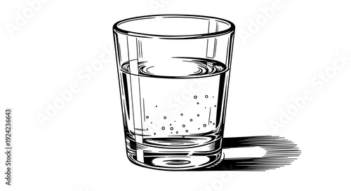 Glass of water black and white hand drawn sketch line art with bubbles and shadow transparent