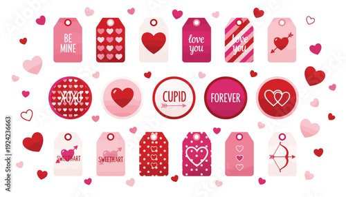 Valentine's Day gift tags and hearts in various pink shades.