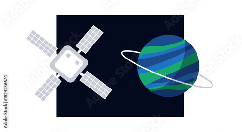 Satellite Orbiting Stylized Planet in Outer Space