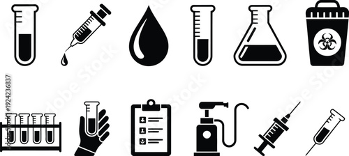 Medical Silhouette Icon Set. Blood Test, Syringe, Biohazard and Healthcare Symbols Collection for Hospital, Clinic and Laboratory Design.