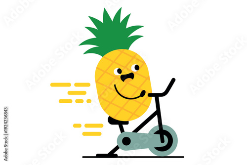 Cartoon Pineapple Riding Exercise Bike with Smiling Face and Motion Lines