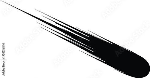 Fast moving meteor silhouette with motion trails isolated on white background, falling comet fireball icon illustration, speed and impact concept design