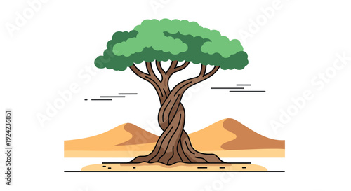 A thick twisted brown tree with multiple green foliage clusters stands on a flat sandy ground between two desert dunes under a white sky.