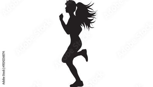 Runner woman silhouette jumping in mid air with ponytail hair in motion, fitness workout pose isolated on white background, sporty female athlete exercise concept