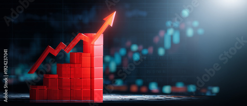 Gráfico de barras com seta ascendente diante de cenário financeiro digital, simbolizando lucro, investimentos, valorização, expansão econômica e mercado em alta.