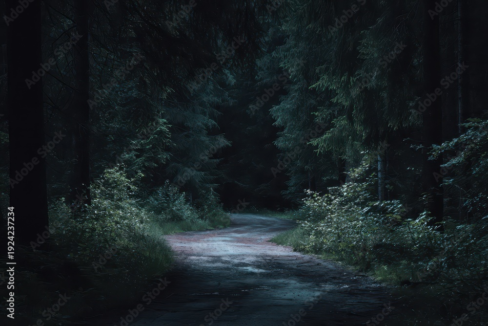 Fototapeta premium Dark forest road inviting exploration through tall trees and dense underbrush at dusk, creating a mysterious atmosphere
