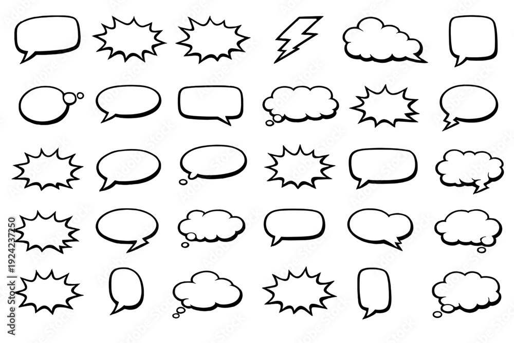 Fototapeta premium Set of blank comic speech bubbles, thought clouds, starburst explosions and lightning bolt in bold black outline on white. Concept of dialogue, messaging, stickers and pop art design.