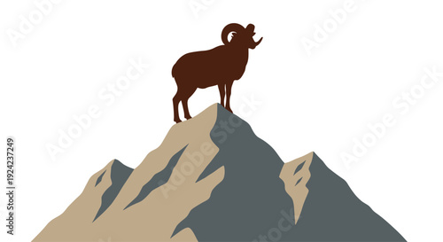 A dark brown silhouette of a bighorn sheep stands on the highest peak of a jagged gray and tan mountain range against a white background.