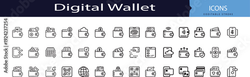 digital wallet and mobile payment icons, outline financial technology set