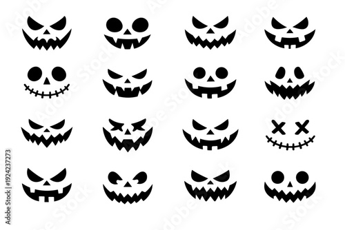 Set of black jack-o'-lantern faces with carved eyes and jagged teeth, ideal for Halloween pumpkin carving, spooky stickers, party flyers, social posts, and horror vector silhouettes.