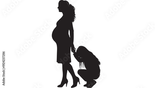 Silhouette pregnant woman standing with young girl crouching and holding hand, minimalist black cutout figures isolated on white background, family motherhood concept