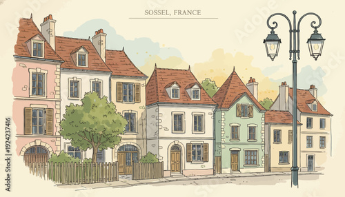 Quaint French houses in a charming European town street scene.