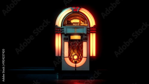 Vintage jukebox with illuminated details and retro design, showcasing vibrant colors and intricate patterns against a dark background in a nostalgic setting
