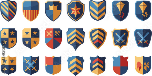 Set of medieval heraldic shields and coat of arms icons, flat vector illustration collection with symbols, crests, emblems for fantasy design
