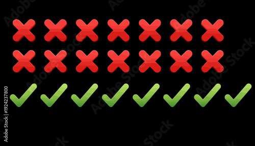 Red crosses and green checkmarks on a black background.