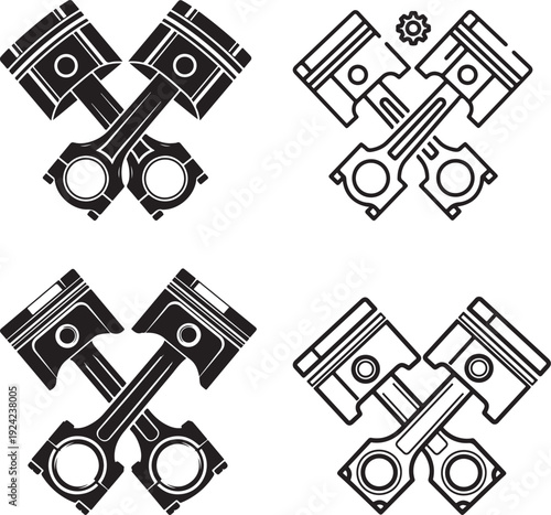 Crossed engine pistons black and white illustration. Automotive mechanical parts symbol with detailed motor component design in vector style