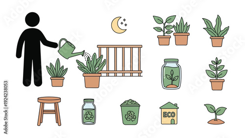 Nurturing Life: Illustration of a figure tending to a variety of indoor plants, emphasizing the care and cultivation of flora for a sustainable lifestyle.
