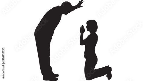Man and woman in prayer silhouette with hands raised and kneeling position featuring spiritual, faith, religious with black and white elements for simple, figures projects, clean composition on