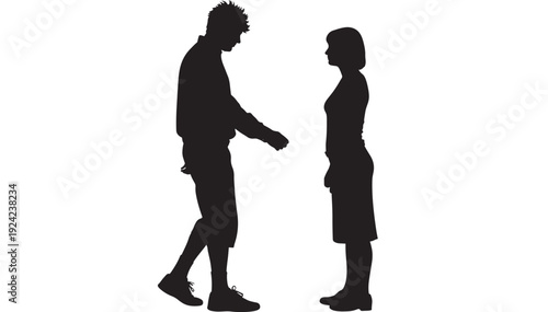 People silhouetted facing each other with hands clenched standing on white featuring silhouette, couple, man with woman and argument elements for conflict, disagreement projects, clean composition on
