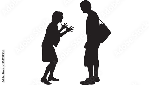 People arguing silhouette with one person gesturing angrily at another carrying a shoulder bag, conflict confrontation scene isolated on white background