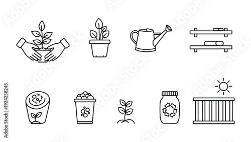 Nurturing Growth: A collection of line art icons depicting various stages of plant care, from planting to growth, evoking the beauty of natural development.